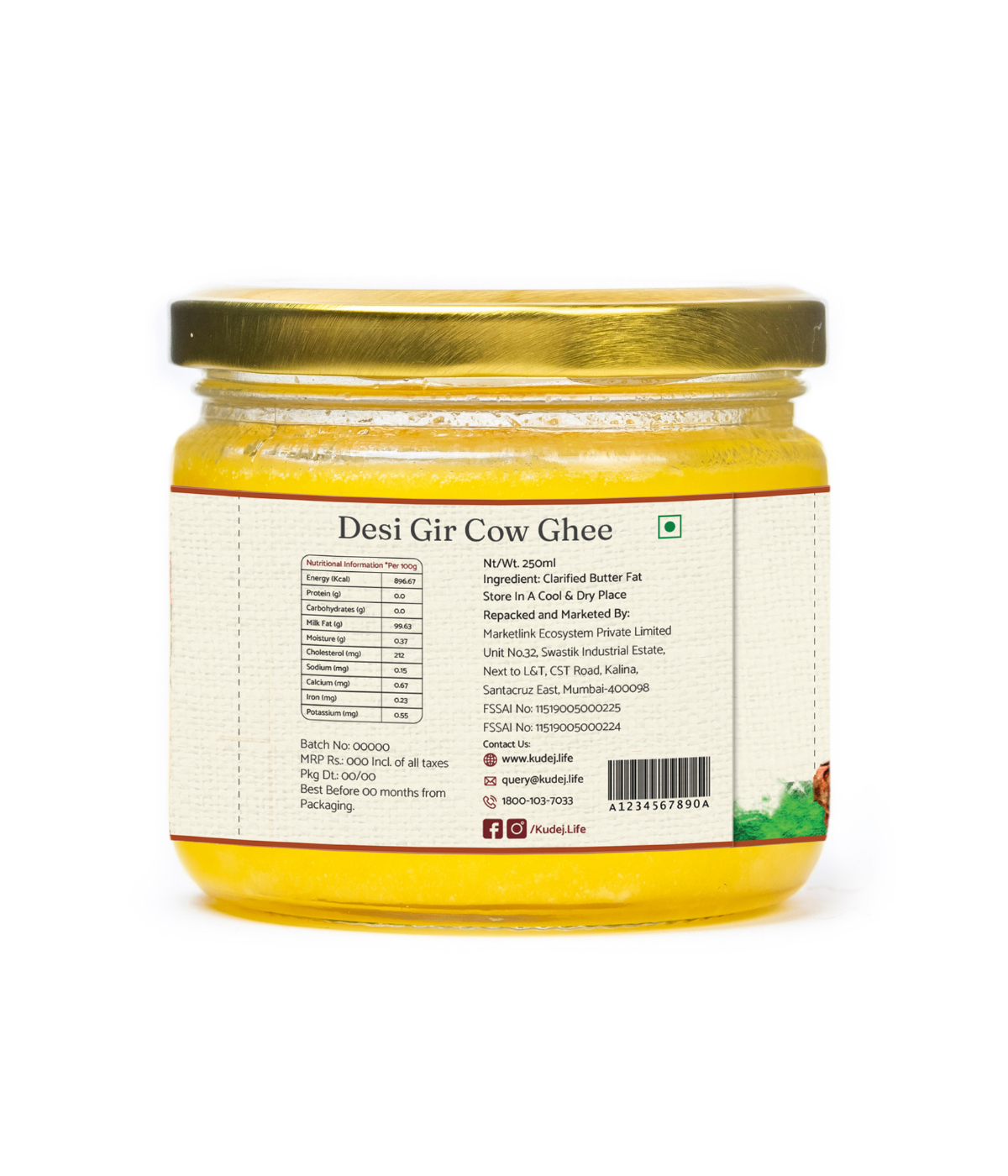 Kudej Desi Gir Cow Hand Churned A2 Ghee